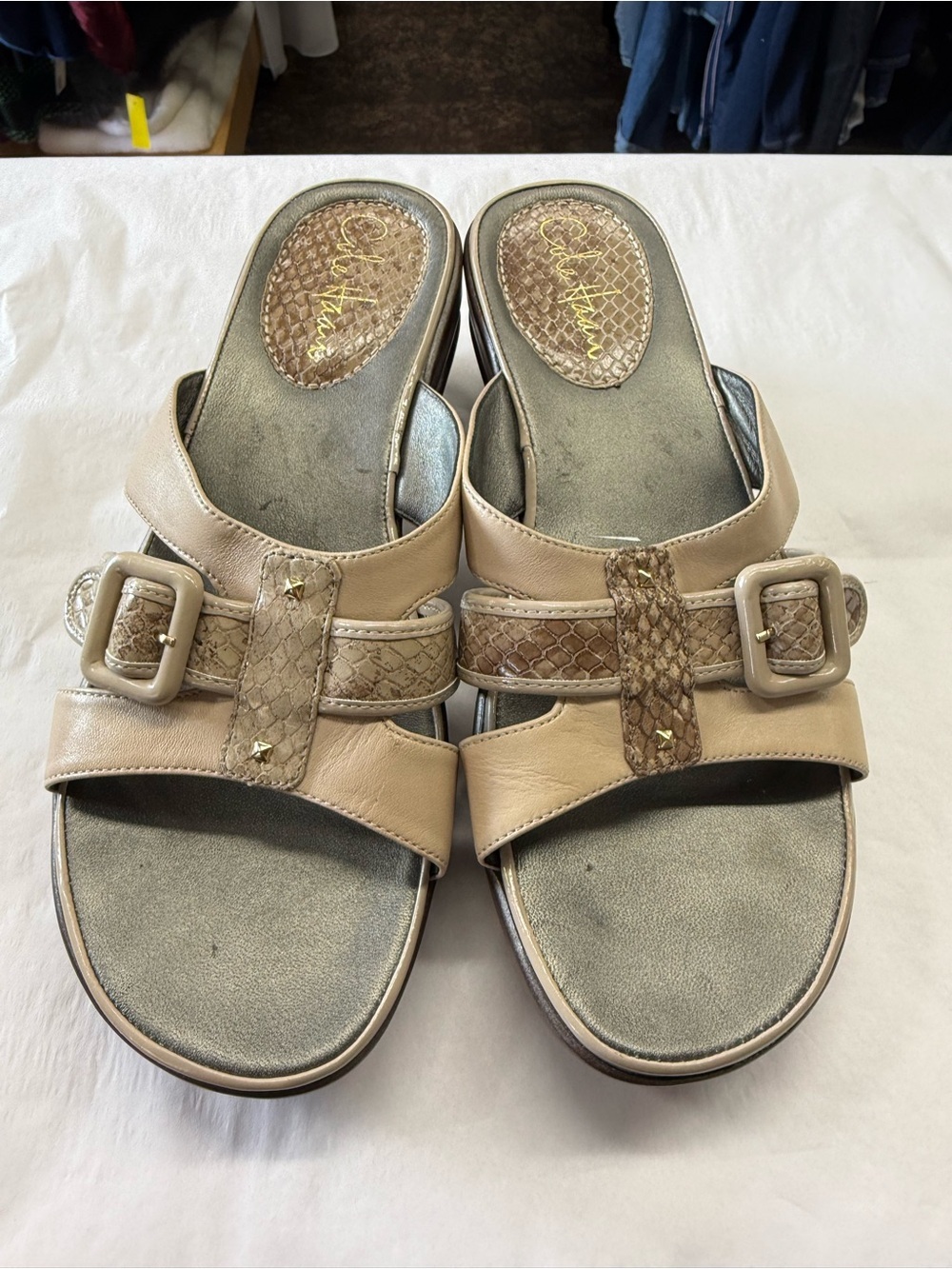 Cole Haan Nike Air Beige Leather Snake Print Wedge Slide Sandals 8B